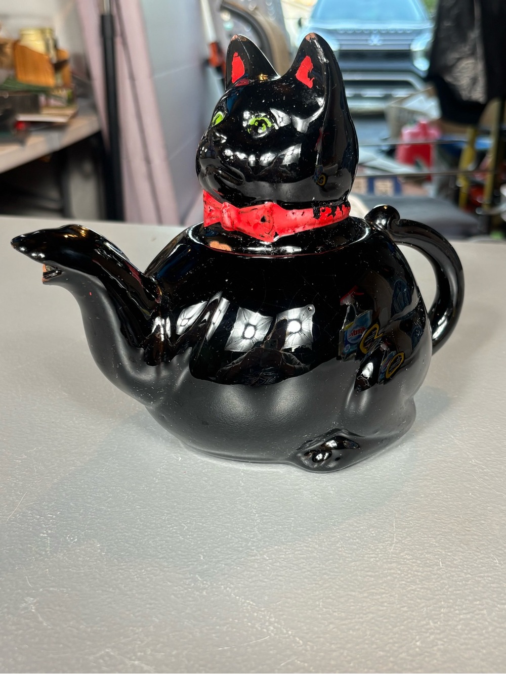 Black Ceramic Cat Teapot Green Eyes Red Bow Unbranded As Is 8.5”